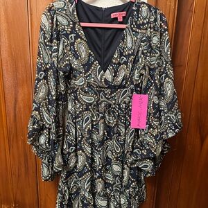 Betsey Johnson Black Paisley V-Neck Ruffled Dress size 4 NWT